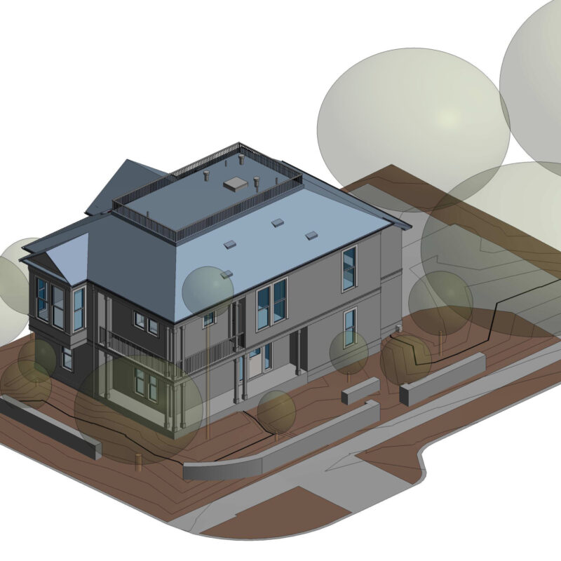 3D BIM model of a two-story residence shown in context with simplified tree volumes and site layout