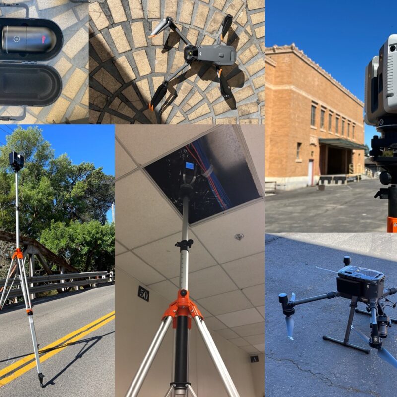 Collage of equipment including a drone, tripod-mounted scanner, and camera